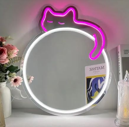 Cat LED Neon Sign with Silver Mirror Backboard