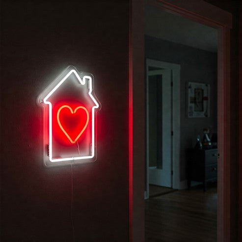 osy hallway illuminated by a neon sign in the shape of a house with a red heart, creating a warm and welcoming atmosphere for any home