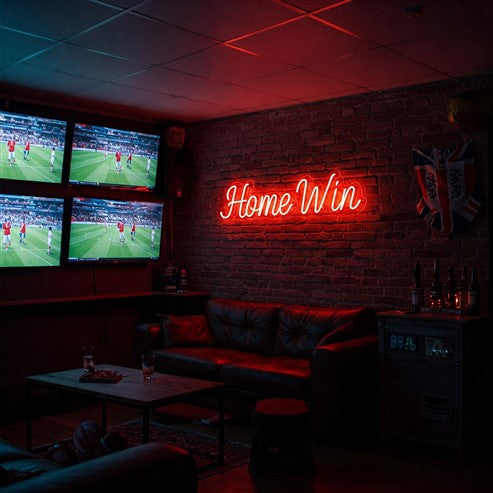 Cosy sports lounge with a red neon sign reading 'Home Win,' creating a bold and energetic atmosphere perfect for game nights and celebrations