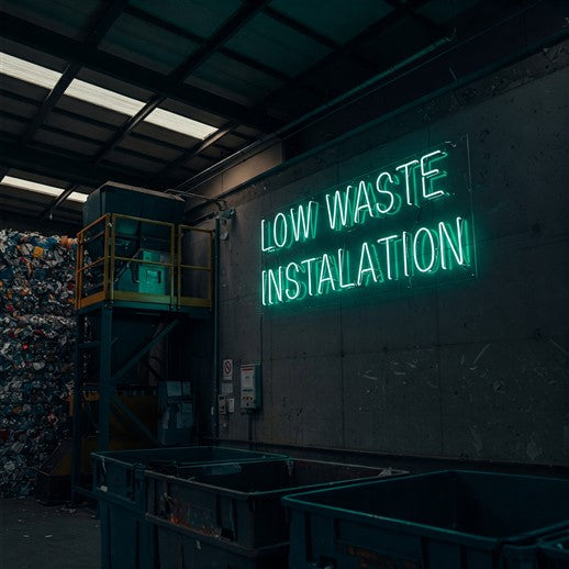 Bold green LED neon sign reading 'Low Waste Installation' displayed in an industrial recycling facility, promoting eco-conscious practices with a modern aesthetic