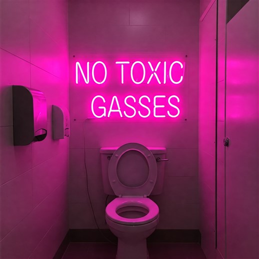 Playful pink LED neon sign reading 'No Toxic Gasses' adding humour and character to a modern bathroom space