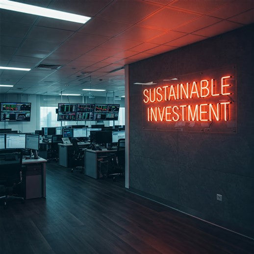 Bold red LED neon sign reading 'Sustainable Investment' illuminating a modern office, emphasizing eco-conscious values in a professional workspace